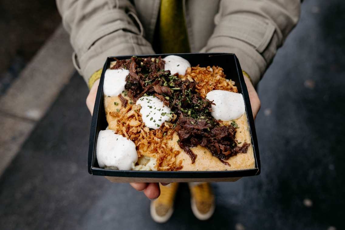 Vadas nokedli with braised beef, sour cream and crispy onions